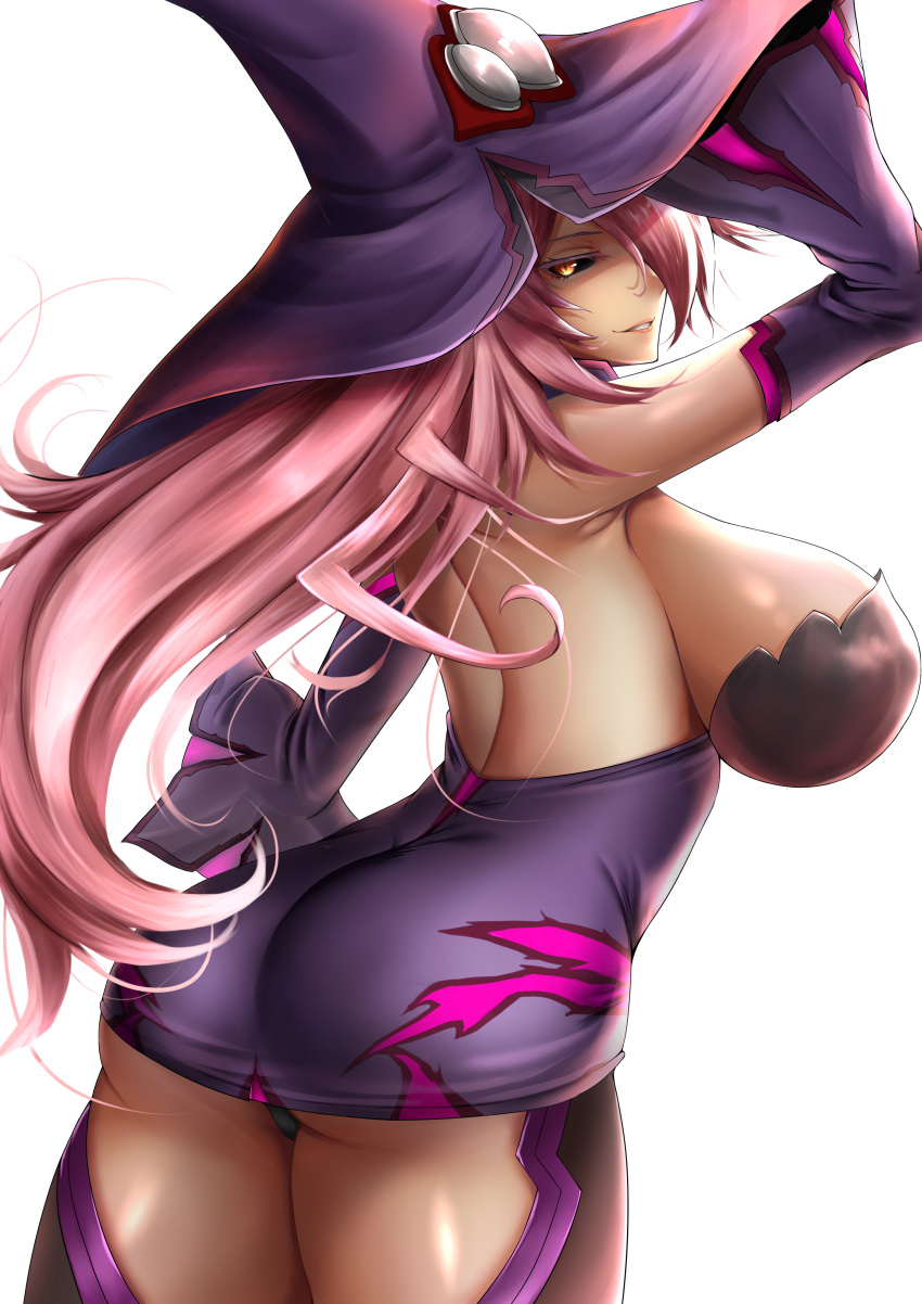 1girl absurdres ass bare_shoulders black_sclera blazblue blazblue:_central_fiction breasts detached_sleeves dress from_behind hair_over_one_eye hat highres konoe_a_mercury large_breasts long_hair looking_at_viewer looking_back orange_eyes panties pantyshot pink_hair purple_dress rai_(artist) shiny shiny_hair shiny_skin short_dress sideboob simple_background smile solo thighhighs underwear very_long_hair white_background