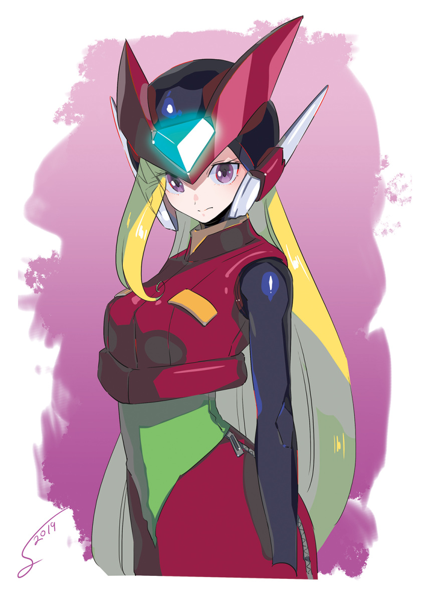 1girl android blonde_hair breasts dated female genderswap genderswap_(mtf) helmet highres long_hair medium_breasts purple_eyes red_skirt rockman rockman_zero signature simple_background skirt smile solo sumomo zero_(rockman) zipper zipper_skirt