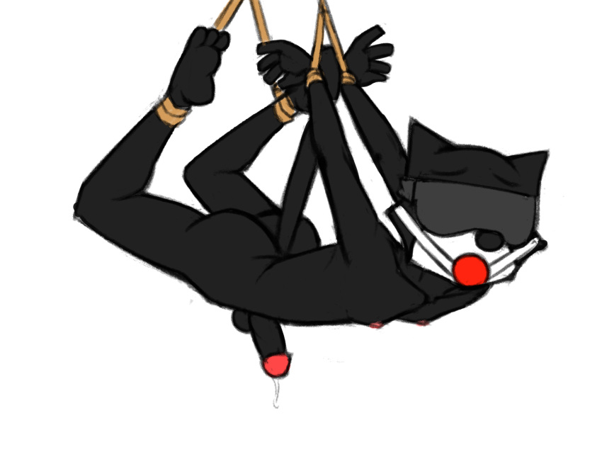 2019 3_toes 4_fingers anthro ball_gag balls bdsm black_fur black_nose blindfold bondage bound butt digital_media_(artwork) domestic_cat erection felid feline felis felix_the_cat felix_the_cat_(series) fully_bound fur gag hi_res humanoid_penis male mammal nipples nude penis rope simple_background solo toes white_background zambs