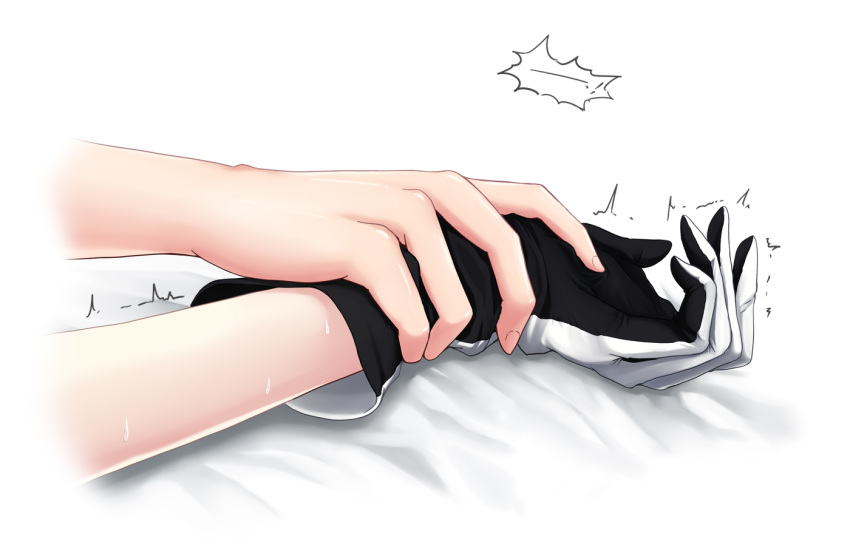 2girls bed_sheet black_gloves close-up female_admiral_(kantai_collection) gloves hands kantai_collection multicolored multicolored_clothes multicolored_gloves multiple_girls richelieu_(kantai_collection) simple_background sweat trembling white_background white_gloves wrist_grab yakuto007 yuri