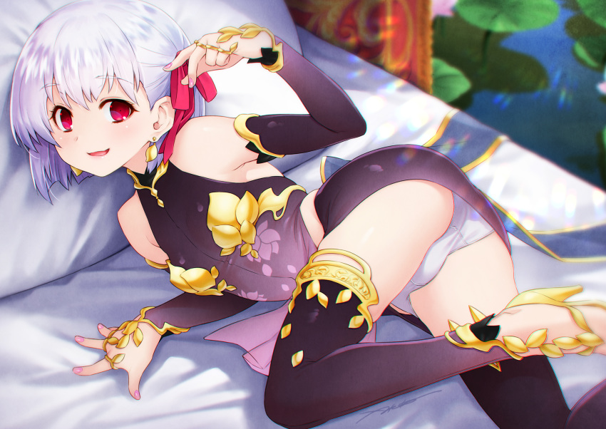 1girl ass bangs bare_shoulders blush breasts detached_sleeves dress earrings fate/grand_order fate_(series) hair_ribbon highres jewelry kama_(fate/grand_order) kazuma_muramasa looking_at_viewer lying parted_lips red_eyes ribbon short_hair silver_hair small_breasts smile solo thighhighs thighs