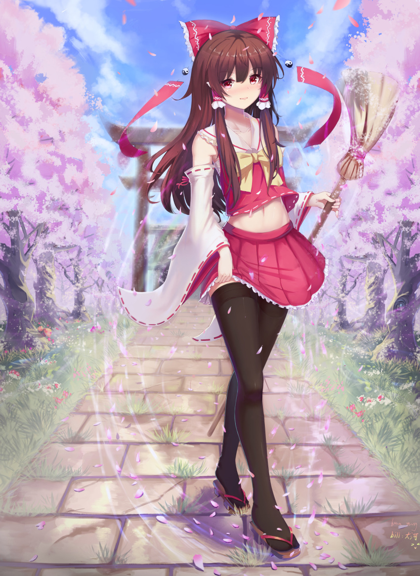 1girl absurdres bangs bare_shoulders black_legwear blue_sky blush bow brick_road broom brown_footwear brown_hair cherry_blossoms cloud collarbone commentary_request crop_top dahe_zhuang_(yishi_fanhua) day detached_sleeves eyebrows_visible_through_hair flower frilled_bow frilled_shirt_collar frills full_body geta grass hair_between_eyes hair_bow hair_tubes hakurei_reimu highres holding holding_broom lifted_by_self long_hair long_sleeves looking_at_viewer midriff miniskirt mushroom navel nose_blush outdoors petals petticoat pleated_skirt rainbow red_bow red_eyes red_flower red_skirt ribbon-trimmed_sleeves ribbon_trim sarashi sidelocks signature skirt skirt_lift sky smile solo standing stomach thighhighs thighs torii touhou tree wide_sleeves yellow_bow yellow_neckwear yin_yang