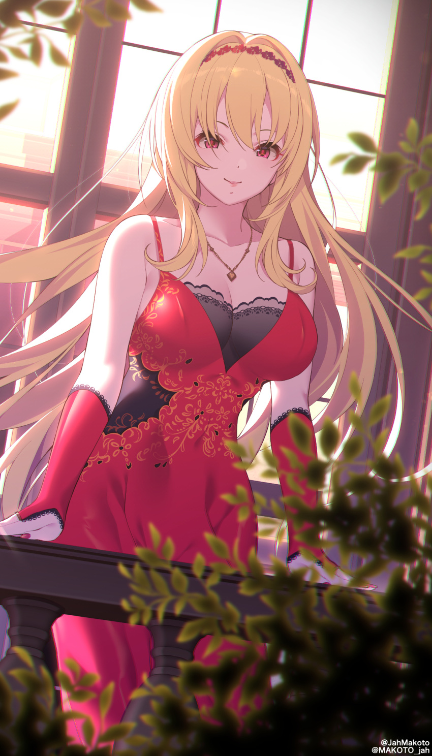 balcony bangs bare_shoulders blonde_hair breasts cleavage collarbone colored_skin commentary_request detached_sleeves dress headband highres idolmaster idolmaster_cinderella_girls jewelry kurosaki_chitose lace-trimmed_dress lace_trim large_breasts leaf long_hair mizuki_makoto nail_polish necklace plant red_dress red_eyes smile solo white_skin window