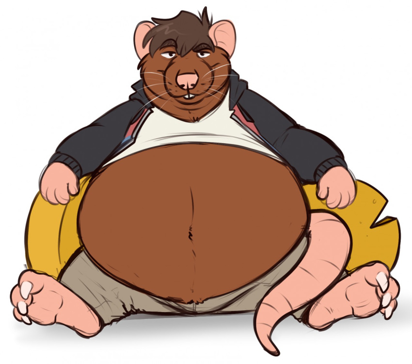 anthro barefoot belly big_belly binturongboy brown_fur brown_hair cheese chubby_cheeks claws clothed clothing food fur hair male mammal midriff navel obese obese_male overweight overweight_male rat rodent simple_background sitting smile solo toe_claws white_background