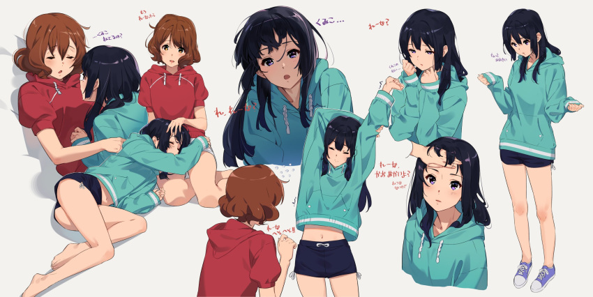 2girls bangs barefoot black_hair brown_eyes brown_hair closed_mouth commentary_request couple eyebrows_visible_through_hair eyes_closed female flying_sweatdrops hair_between_eyes hibike!_euphonium highres hug kamo_kamen kousaka_reina lap_pillow long_hair long_sleeves multiple_girls multiple_views navel open_mouth oumae_kumiko parted_lips puffy_short_sleeves puffy_sleeves purple_eyes shoes short_hair short_sleeves shorts sneakers sweatshirt translation_request white_background yuri