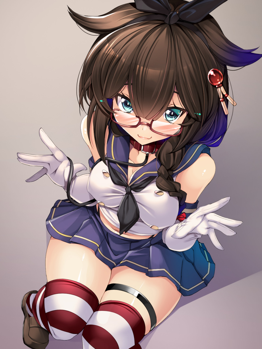 1girl bangs black_hair black_hairband black_panties blue_eyes blue_skirt blunt_bangs braid breasts collar cosplay elbow_gloves from_above glasses gloves grey_background hair_flaps hair_ornament hairband highleg highleg_panties highres kantai_collection leash long_hair looking_at_viewer medium_breasts panties pleated_skirt red-framed_eyewear school_uniform semi-rimless_eyewear serafuku shigure_(kantai_collection) shimakaze_(kantai_collection) shimakaze_(kantai_collection)_(cosplay) sitting skirt smile solo striped striped_legwear thigh_strap thighhighs torisan under-rim_eyewear underwear white_gloves