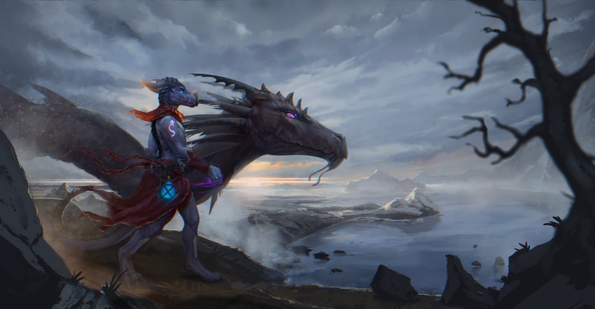 2019 anthro barefoot clothed clothing conditional_dnp day detailed_background digitigrade dragon duo feral horn latex_(artist) male outside purple_eyes sky spines water