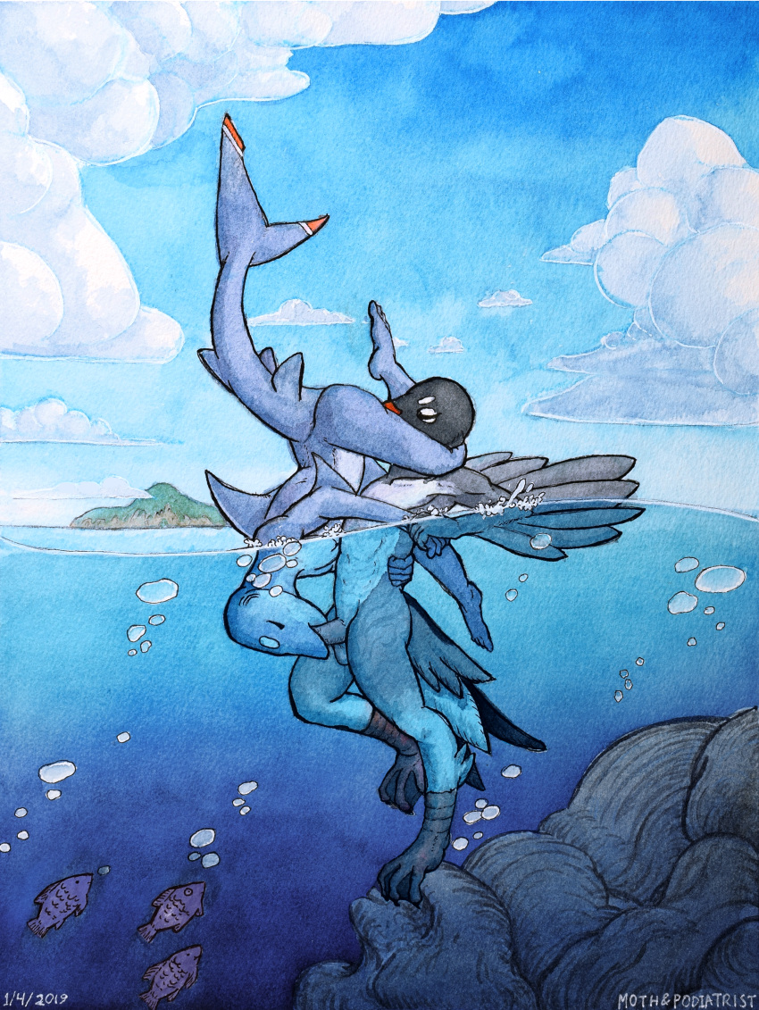 2019 69_position absurd_res anthro avian balls beak bird bubble cloud day detailed_background duo erection feathers fellatio fish full-length_portrait gull hi_res interspecies island lari larid laughing_gull male male/male marine mothandpodiatrist nude oral outside painting_(artwork) penis portrait rock sea sex shark sky standing standing_69 swimming traditional_media_(artwork) underwater water watercolor_(artwork)