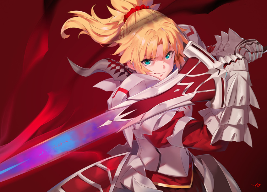 armor blonde_hair dress fate/apocrypha fate/grand_order fate_(series) gloves green_eyes long_hair mordred ponytail red sword weapon yang-do