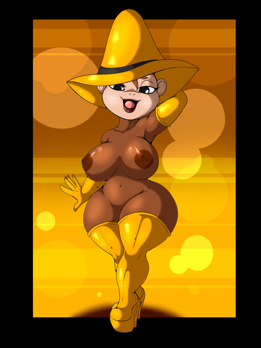 2019 areola armwear breasts clothing crossgender curious_george digital_media_(artwork) elbow_gloves female gloves hat hi_res legwear looking_at_viewer mammal monkey nipples primate pussy solo suirano