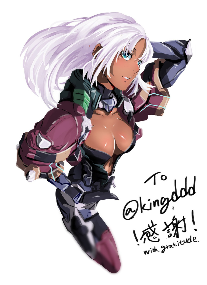 1girl armor blue_eyes bodysuit boots bra breasts dark_skin elma_(xenoblade_x) gloves hair_ornament highres long_hair looking_at_viewer nintendo o_sho simple_background solo underwear weapon white_hair xenoblade_(series) xenoblade_2 xenoblade_chronicles_x