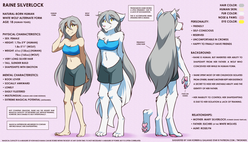 2019 anthro bare_shoulders barefoot breasts canid canine canis chest_tuft cleavage clothed clothing digitigrade english_text female front_view fur grey_hair hair hi_res human keidran long_hair mammal midriff model_sheet navel pawpads pink_background pink_pawpads raine_silverlock rear_view shorts simple_background smile solo text tom_fischbach tongue tongue_out tuft twokinds webcomic white_fur wolf yellow_eyes