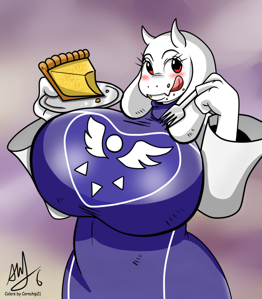 2016 absurd_res anthro big_breasts blush boss_monster bovid breasts caprine clothed clothing cornchip21 cricket-inc digital_media_(artwork) female food fur goat hi_res horn huge_breasts hyper hyper_breasts long_ears mammal smile solo tongue tongue_out toriel undertale video_games white_fur