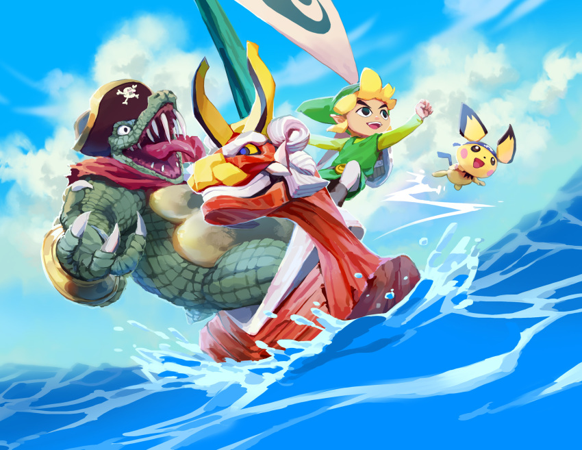 2019 ambiguous_gender anthro bandanna blonde_hair boat claws clothing cloud crossover donkey_kong_(series) group hair hat hi_res humanoid hylian king_k._rool king_of_red_lions kremling male nikogeyer nintendo open_mouth pichu pointy_ears pok&eacute;mon pok&eacute;mon_(species) scalie sharp_teeth super_smash_bros teeth the_legend_of_zelda tongue tongue_out toon_link vehicle video_games water