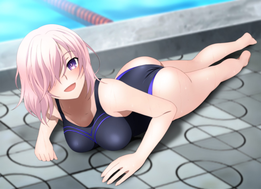 1girl :d adapted_costume ass barefoot black_swimsuit blush casual_one-piece_swimsuit collarbone fate/grand_order fate_(series) full_body hair_over_one_eye long_hair looking_at_viewer lying mash_kyrielight on_stomach one-piece_swimsuit open_mouth outdoors pool purple_eyes shiny shiny_skin silver_hair smile solo swimsuit yadokari_genpachirou