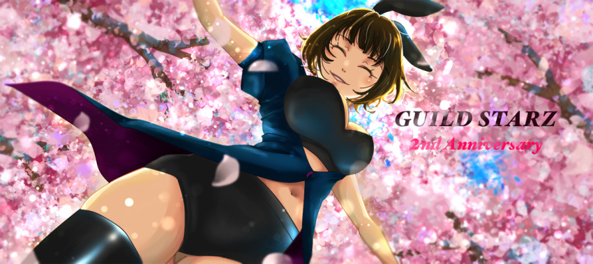 1girl animal_ears black_bra black_legwear black_shorts blue_shirt bra breasts brown_hair bunny_ears cherry_blossoms chi_wa cleavage day eyes_closed from_below guildstars large_breasts lens_flare micro_shorts open_clothes open_shirt outdoors outstretched_arms parted_lips petals shirt short_hair short_sleeves shorts solo thighhighs unbuttoned unbuttoned_shirt underwear