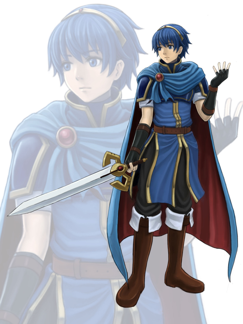 1boy absurdres armor blue_eyes blue_hair boots cape fingerless_gloves fire_emblem fire_emblem:_ankoku_ryuu_to_hikari_no_tsurugi fire_emblem:_monshou_no_nazo fire_emblem:_shin_ankoku_ryuu_to_hikari_no_tsurugi fire_emblem:_shin_monshou_no_nazo gloves highres holding holding_sword holding_weapon kotatsumuri_(yaugau) marth nintendo solo sword tiara weapon