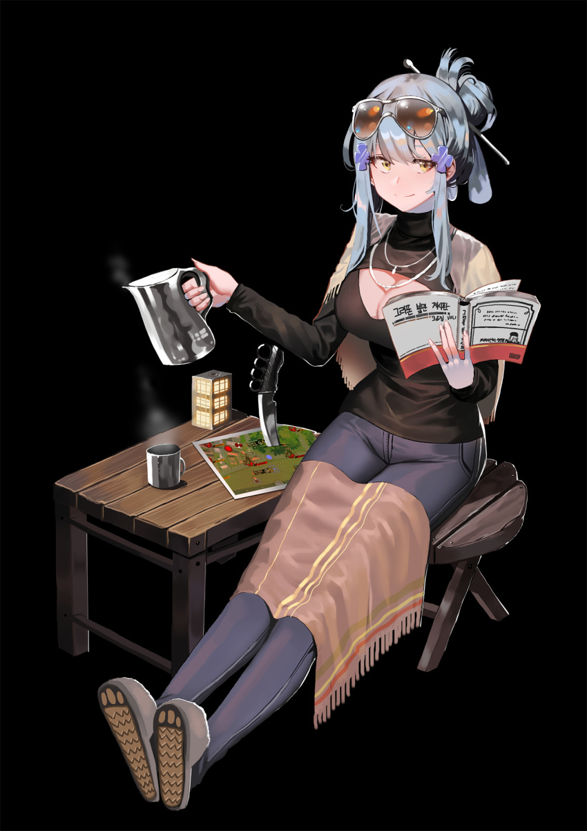 1girl alternate_costume alternate_hairstyle bangs black_background black_shirt book breasts cleavage cleavage_cutout closed_mouth coffee combat_knife commentary_request cup eyewear_on_head folded_ponytail gameplay_mechanics girls_frontline green_eyes hair_ornament hair_stick highres hk416_(girls_frontline) holding holding_book holding_pot ihobus jewelry kettle knife large_breasts map mug necklace pants purple_pants shawl shirt sidelocks silver_hair slippers smile solo steam stool sunglasses table tied_hair tinted_eyewear turtleneck weapon