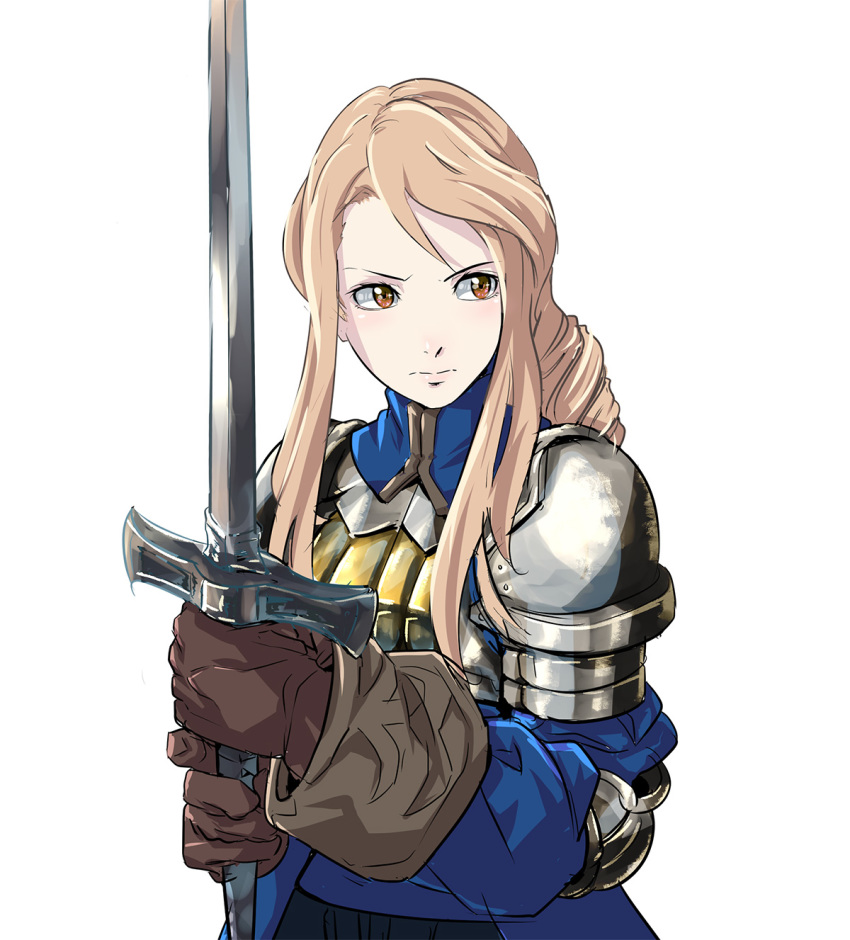 1girl agrias_oaks armor blonde_hair braid breasts closed_mouth commentary_request final_fantasy final_fantasy_tactics gloves highres knight long_hair looking_at_viewer o_sho simple_background single_braid solo sword weapon white_background