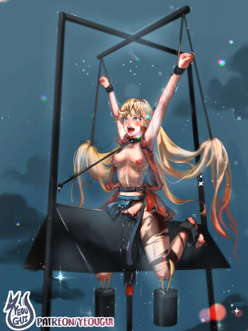 1girl arms_up bdsm blonde_hair blue_eyes blush bondage bound breasts collar famas_(girls_frontline) girls_frontline highres long_hair nipples open_mouth pussy pussy_juice solo sweat tears tongue tongue_out torn_clothes torture uncensored wooden_horse yeougui