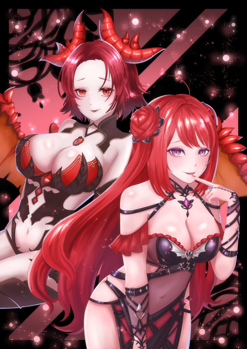 2girls absurdres artist_request bare_shoulders blush breasts cleavage demon_girl demon_horns double_bun epis_(king's_raid) erze_(king's_raid) highres horns king's_raid large_breasts long_hair looking_at_viewer multiple_girls purple_eyes red_eyes red_hair shiny shiny_hair shiny_skin short_hair smile succubus vampire very_long_hair wings