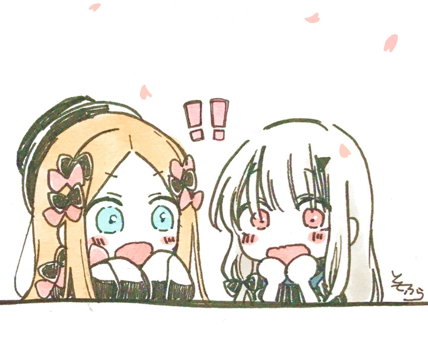 !! 2girls abigail_williams_(fate/grand_order) bangs blue_eyes blush_stickers bow chibi eyebrows_visible_through_hair fate/grand_order fate_(series) forehead hair_bow hat highres horn lavinia_whateley_(fate/grand_order) long_sleeves multiple_girls open_mouth parted_bangs petals red_bow red_eyes signature simple_background sleeves_past_fingers sleeves_past_wrists sofra traditional_media upper_body v-shaped_eyebrows wavy_mouth white_background