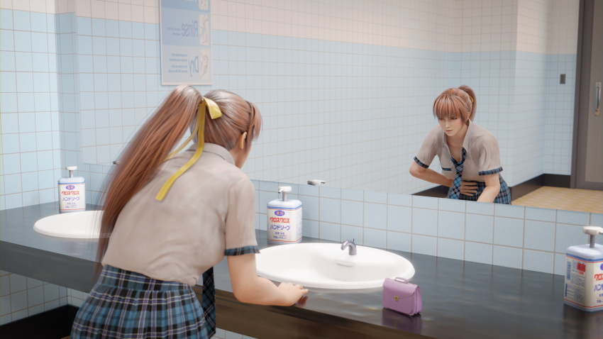 1girl 3d absurdres breasts brown_eyes brown_hair cramps dead_or_alive hair_ribbon hands_on_stomach highres hunched_over indoors kasumi_(doa) large_breasts leaning_forward long_hair matching_hair/eyes menstruation mirror nodern03 parted_lips ponytail ribbon school_uniform sink skirt solo standing stomachache teeth tied_hair toilet toiletries