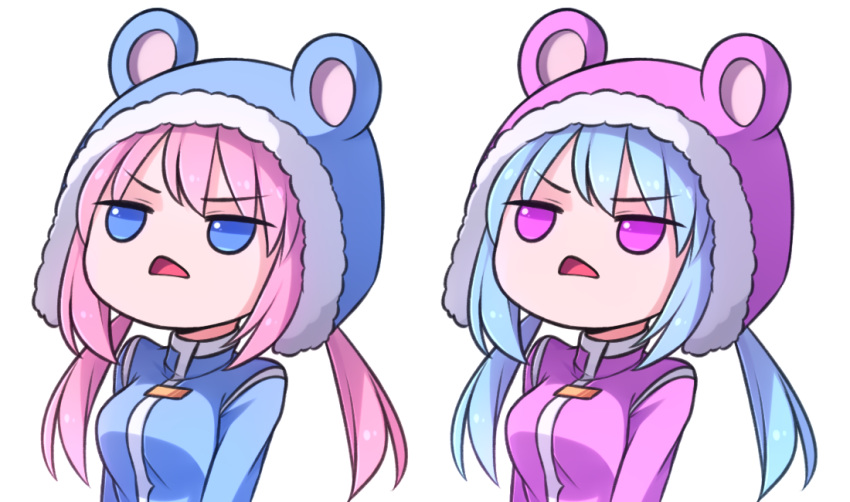 2girls animal_hood blue_coat blue_eyes blue_hair chibi d: eyebrows_visible_through_hair fur-trimmed_hood hood jitome long_hair looking_away low_twintails multiple_girls nieve_(rabi_ribi) nixie_(rabi_ribi) open_mouth pink_coat pink_eyes pink_hair rabi-ribi siblings sisters speckticuls transparent_background triangle_mouth twintails upper_body