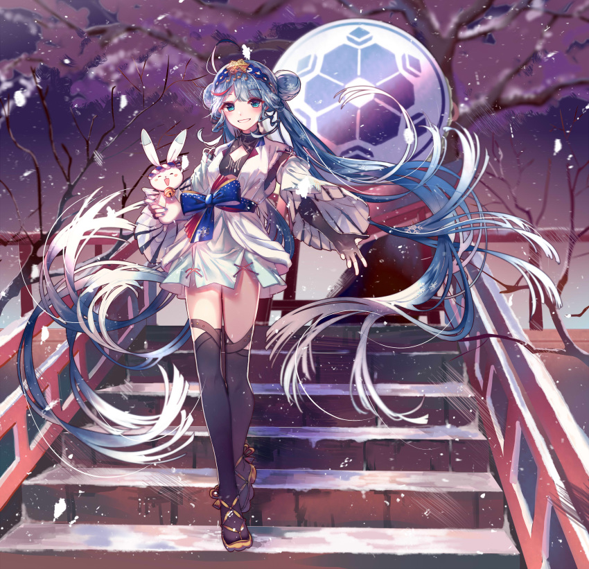 1girl absurdly_long_hair absurdres ahoge akira_(ying) animal bell black_legwear blue_eyes blue_hair blush bunny cherry_blossoms double_bun eyebrows_visible_through_hair fingerless_gloves floating_hair full_body gloves grin hairband hatsune_miku highres holding holding_animal jingle_bell long_hair nail_polish night open_mouth outdoors sandals skirt smile snow snowflakes stairs thighhighs tree twintails very_long_hair vocaloid yukine_(vocaloid)