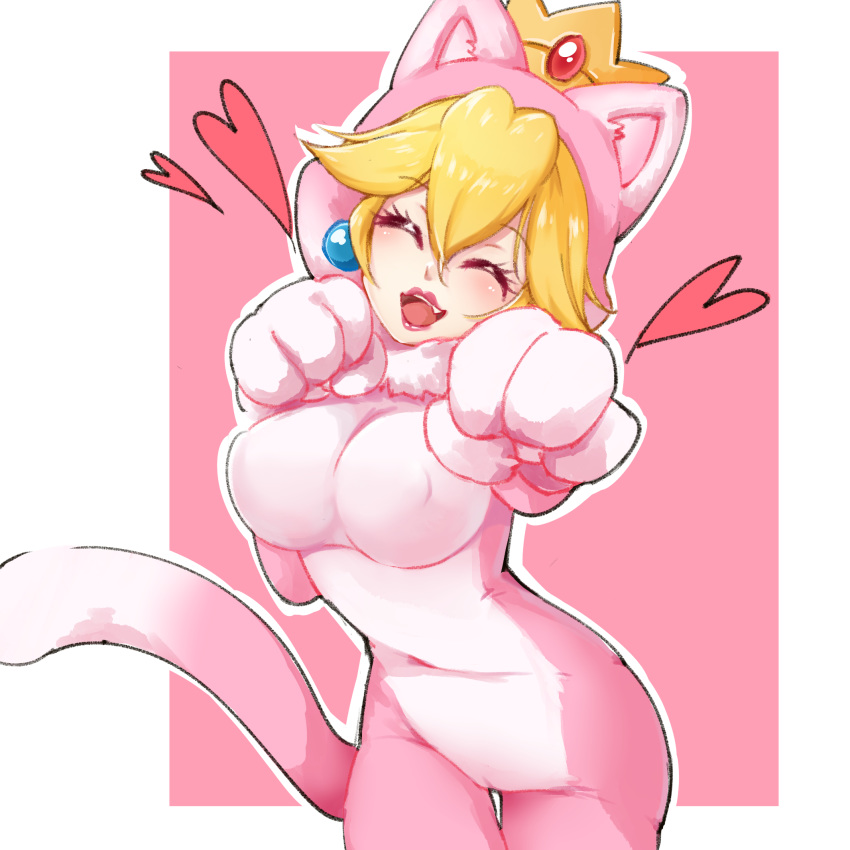 1girl animal_ears blonde_hair blush border breasts cat_ears cat_tail cowboy_shot crown earrings eyebrows_visible_through_hair eyes_closed fake_animal_ears fake_tail fang gloves hair_between_eyes heart highres jewelry large_breasts lipstick makeup mario_(series) nintendo onesie open_mouth paw_gloves paw_pose paws pink_background princess_peach smile solo tail tongue upper_teeth white_border yuuto_(dianzhang)