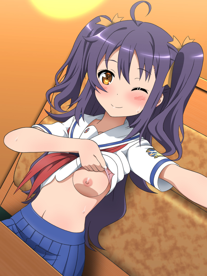 1girl blush bra breasts collarbone commentary_request hair_ornament high_school_fleet highres hiraizumi_(mugenkidousha) long_hair looking_at_viewer navel nipples one_breast_out one_eye_closed oppai_challenge purple_hair school_uniform shirt_lift sitting small_breasts smile solo suruga_runa sweatdrop underwear yellow_eyes yokosuka_girls_marine_high_school_uniform