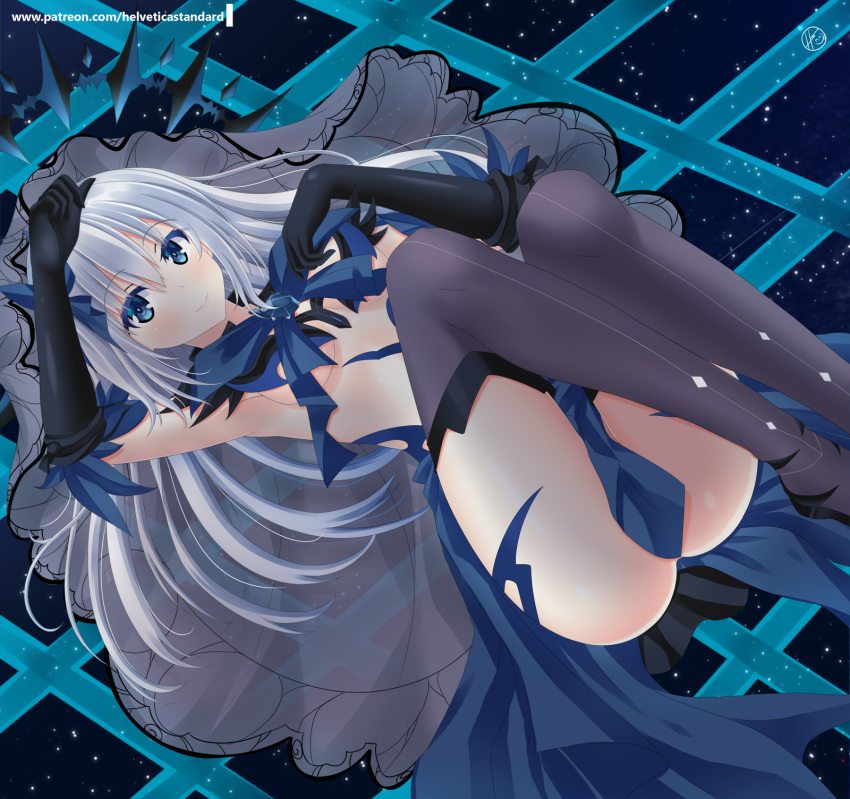 1girl armpits ass black_gloves blue_bow blue_eyes blue_feathers blue_skirt blush bow breasts crown date_a_live elbow_gloves feather-trimmed_gloves gloves hair_between_eyes hair_bow helvetica_5tandard highres knees_up legs long_hair looking_at_viewer medium_breasts no_panties sapphire_(gemstone) see-through silver_hair skirt smile solo thighhighs thighs tobiichi_origami underboob veil