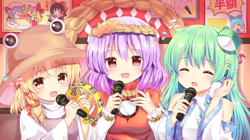 3girls ^_^ absurdres bangs bare_shoulders bat_wings beamed_eighth_notes black_hair blonde_hair blue_bow blue_hair blush bow brown_headwear cake cirno closed_eyes commentary_request detached_sleeves dress eighth_note eyebrows_visible_through_hair eyes_closed flandre_scarlet food frog_hair_ornament hair_bow hair_ornament hair_ribbon hair_tubes hakurei_reimu hands_up hat highres holding holding_instrument holding_microphone ice ice_wings indoors instrument kochiya_sanae leaf_hair_ornament long_sleeves looking_at_viewer microphone mirror mob_cap moriya_suwako multiple_girls musical_note open_mouth pink_dress pink_headwear purple_hair purple_vest ramudia_(lamyun) red_bow red_eyes red_neckwear red_ribbon red_shirt red_skirt red_vest remilia_scarlet ribbon rope shirt short_hair sidelocks skirt skirt_set smile snake_hair_ornament tambourine touhou translation_request upper_body vest white_headwear white_shirt wide_sleeves wings yasaka_kanako yellow_eyes