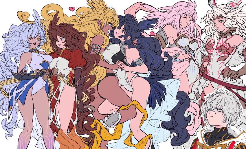 6+girls armor azrael_(granblue_fantasy) black_hair blue_eyes breast_press breasts brown_hair dark_skin gabriel_(granblue_fantasy) gloves granblue_fantasy harut_(granblue_fantasy) highres israfel_(granblue_fantasy) leotard long_hair lucilius_(granblue_fantasy) marut_(granblue_fantasy) medium_breasts michael_(granblue_fantasy) multiple_girls open_mouth puffy_sleeves red_eyes short_hair smile sonokao_aku symmetrical_docking white_hair