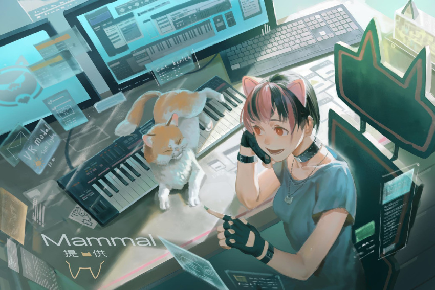 1girl animal_ears asakura_neko black_choker black_gloves black_hair blue_shirt cat cat_ears chair choker computer cytus desk elbow_on_table fake_animal_ears fingerless_gloves gloves green_nails highres holographic_interface indoors instrument jewelry keyboard_(computer) keyboard_(instrument) monitor nail_polish necklace open_mouth red_eyes sawana shirt short_hair sitting solo t-shirt