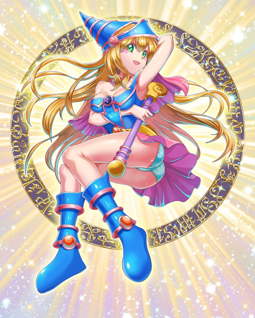 1girl armpits ass bare_arms bare_shoulders blonde_hair blue_panties blush_stickers boots dark_magician_girl eyebrows_visible_through_hair full green_eyes hat highres legs long_hair one_arm_up open_mouth panties smile solo staff tongue underwear wizard_hat yu-gi-oh!