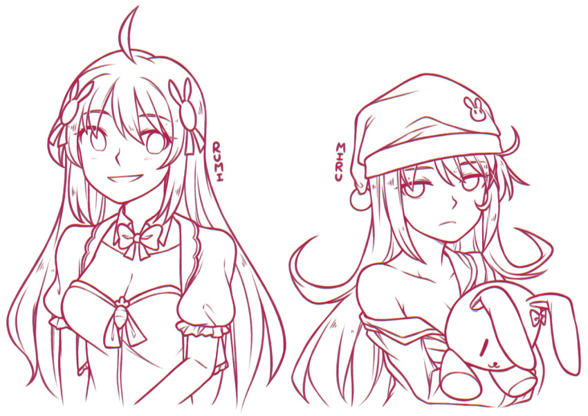 2girls :d ahoge bangs bow bowtie character_name collarbone detached_collar doll_hug expressionless eyebrows_visible_through_hair eyes_visible_through_hair frown hair_between_eyes hair_ornament hat lineart long_hair looking_at_viewer messy_hair miru_(rabi_ribi) multiple_girls nightcap off_shoulder open_mouth pom_pom_(clothes) puffy_short_sleeves puffy_sleeves rabi-ribi rumi_(rabi_ribi) short_sleeves siblings simple_background sisters smile speckticuls stuffed_animal stuffed_bunny stuffed_toy upper_body white_background x_hair_ornament