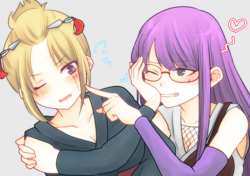 2girls absurdres arm_around_back bare_shoulders blonde_hair blush breasts collarbone detached_sleeves embarrassed eyebrows_visible_through_hair folded_ponytail gintama glasses grin hand_on_another's_shoulder highres japanese_clothes kimono large_breasts long_hair multiple_girls one_eye_closed paleatus purple_eyes purple_hair red-framed_eyewear sarutobi_ayame scar scarf simple_background smile tsukuyo_(gintama)