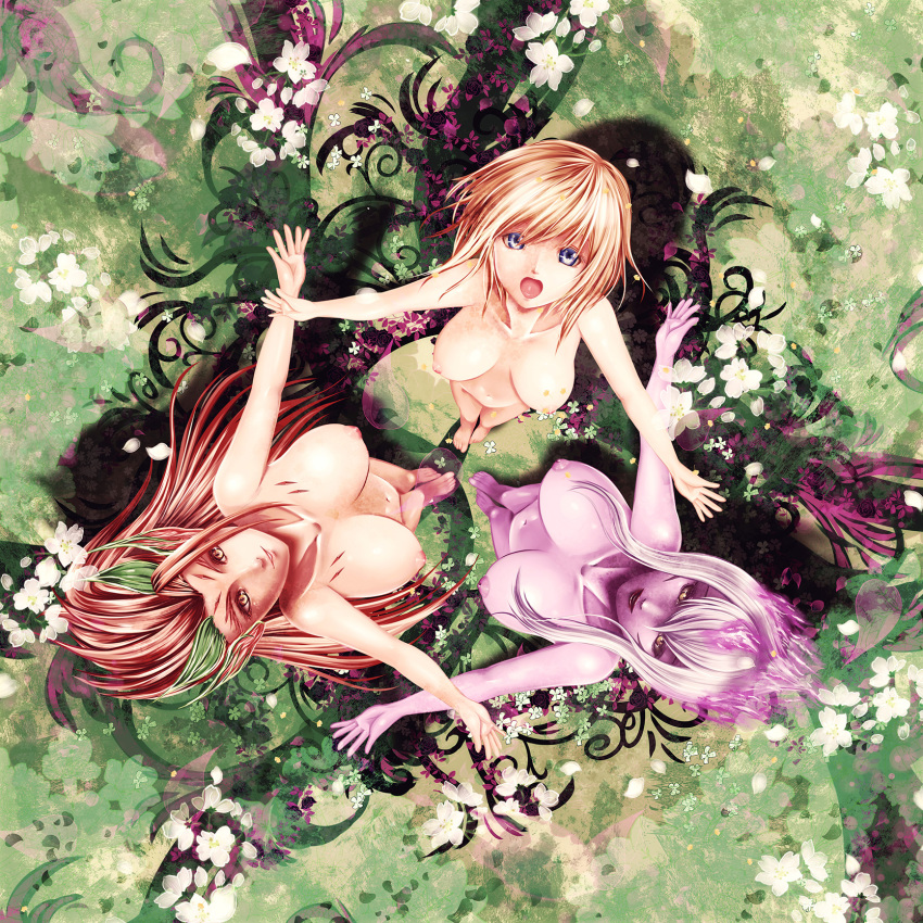 90s barefoot blonde_hair blue_eyes breasts circle_formation collarbone day evelynn feet fiery_hair flower from_above highres large_breasts league_of_legends lips long_hair looking_at_viewer looking_up luxanna_crownguard medium_breasts medium_hair multicolored_hair navel nipples nose nude outdoors outstretched_arms pink_skin plant red_hair shade sidelocks slit_pupils smile spread_arms standing teeth white_hair wing_r yellow_eyes zyra