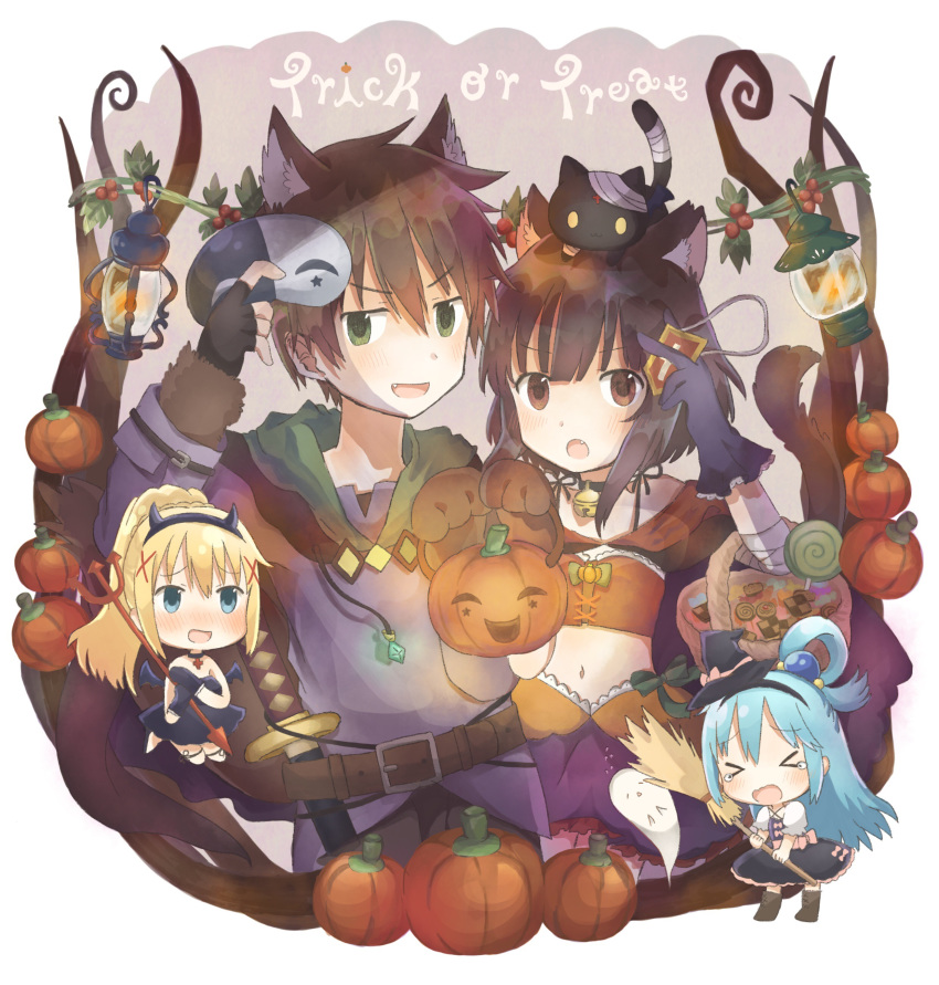 &gt;_&lt; :3 absurdres animal animal_ears animal_on_head aqua_(konosuba) basket bell bell_collar blonde_hair blue_hair blush braid broom brown_hair cat cat_on_head chibi chomusuke collar comic darkness_(konosuba) eyepatch eyepatch_removed fake_horns fang french_braid gloves green_eyes hair_rings halloween halloween_costume hat highres holding holding_broom kemonomimi_mode kono_subarashii_sekai_ni_shukufuku_wo! lantern long_hair mask mask_removed megumin midriff mini_hat on_head polearm ponytail pumpkin satou_kazuma trident vanir weapon witch_hat yuno_(suke_yuno)