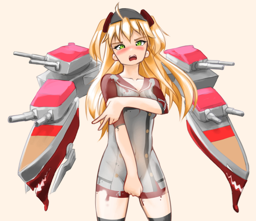 1girl admiral_hipper_(azur_lane) azur_lane blonde_hair blush bodypaint breasts covering covering_breasts covering_crotch embarrassed green_eyes gun looking_at_viewer painted_clothes pompmaker1 rigging solo tsurime turret two_side_up v weapon