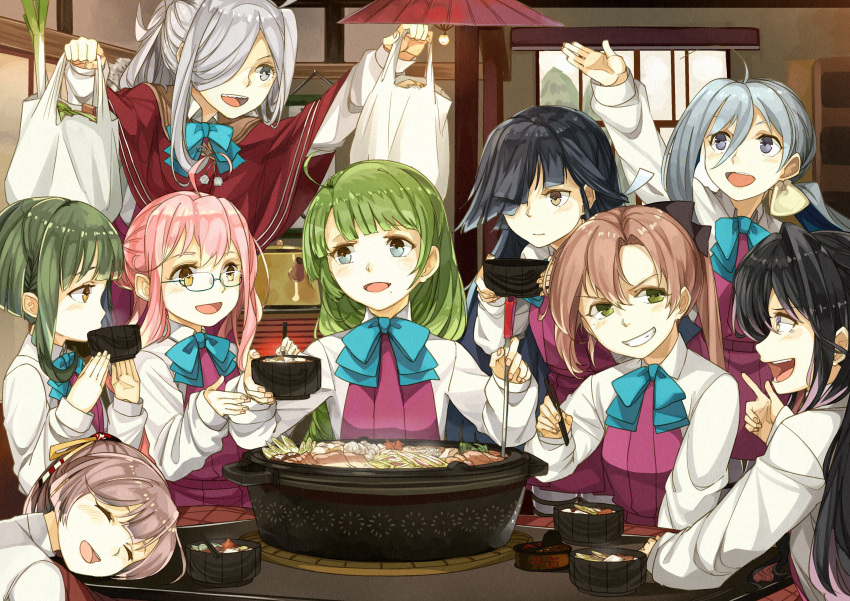 1girl 6+girls absurdres ahoge akigumo_(kantai_collection) asashimo_(kantai_collection) bag black_hair blue_eyes bob_cut bowl braid brown_eyes brown_hair capelet commentary_request double_bun glasses green_eyes green_hair grey_eyes grey_hair hair_between_eyes hair_bun hair_over_one_eye hair_ribbon halterneck hayashimo_(kantai_collection) heater highres indoors kanmiya_shinobu kantai_collection kazagumo_(kantai_collection) kiyoshimo_(kantai_collection) ladle long_hair long_sleeves low_twintails makigumo_(kantai_collection) mole mole_under_mouth multiple_girls nabe naganami_(kantai_collection) pink_hair plastic_bag ponytail pot red_capelet ribbon school_uniform sharp_teeth shirt short_hair sidelocks silver_hair single_braid sleeping sleeves_past_wrists solo table takanami_(kantai_collection) teeth twintails upper_body very_long_hair white_shirt yellow_eyes yuugumo_(kantai_collection)