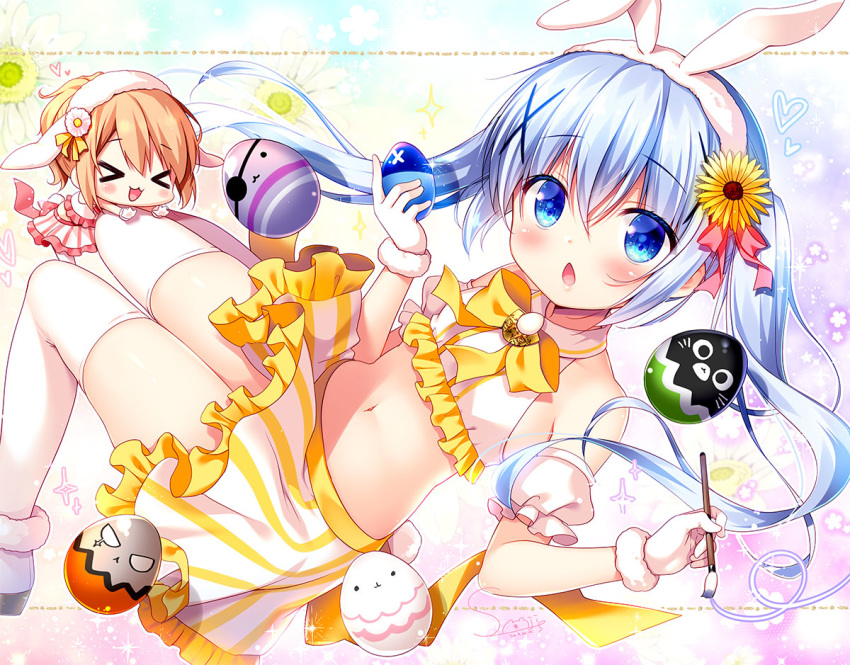 &gt;_&lt; 2girls :3 :d animal_ears anko_(gochiusa) bare_shoulders blonde_hair blue_eyes blue_hair blush bunny_ears chestnut_mouth chibi commentary detached_sleeves easter easter_egg egg eyebrows_visible_through_hair fake_animal_ears flower frilled_skirt frills gochuumon_wa_usagi_desu_ka? hair_between_eyes hair_flower hair_ornament heart hoto_cocoa kafuu_chino long_hair midriff minigirl multiple_girls navel neck_ribbon open_mouth paintbrush puffy_detached_sleeves puffy_sleeves ribbon sasai_saji skirt smile solo_focus thighhighs tippy_(gochiusa) twintails white_legwear wild_geese x3 x_hair_ornament xd yellow_ribbon