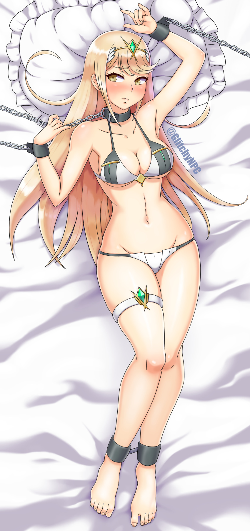 1girl arm_up bed bed_sheet bikini blonde_hair blush breasts chain chained chains eyebrows_visible_through_hair fetish gem glitchynpc hair_ornament hand_gesture headpiece hikari_(xenoblade_2) jewelry large_breasts long_hair lying navel nintendo pillow shy solo swimsuit thigh_strap tiara tsundere very_long_hair xenoblade xenoblade_(series) xenoblade_2 yellow_eyes