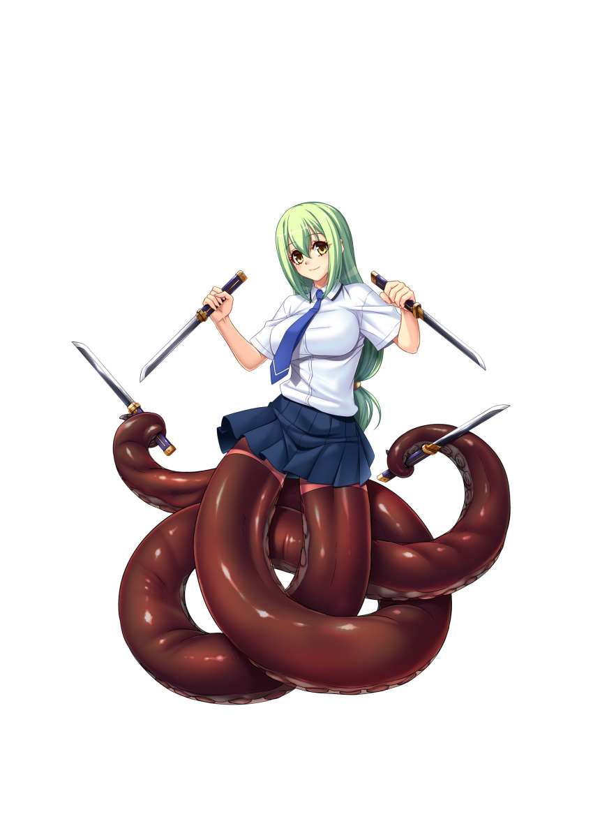 1girl absurdres aishuu_hebiko blush breasts female full_body green_hair highres kagami_hirotaka large_breasts lilith-soft long_hair looking_at_viewer monster_girl ninja octopus_girl official_art shiny shiny_clothes shiny_hair shiny_skin skirt solo sword taimanin_(series) taimanin_asagi taimanin_rpgx very_long_hair weapon yellow_eyes