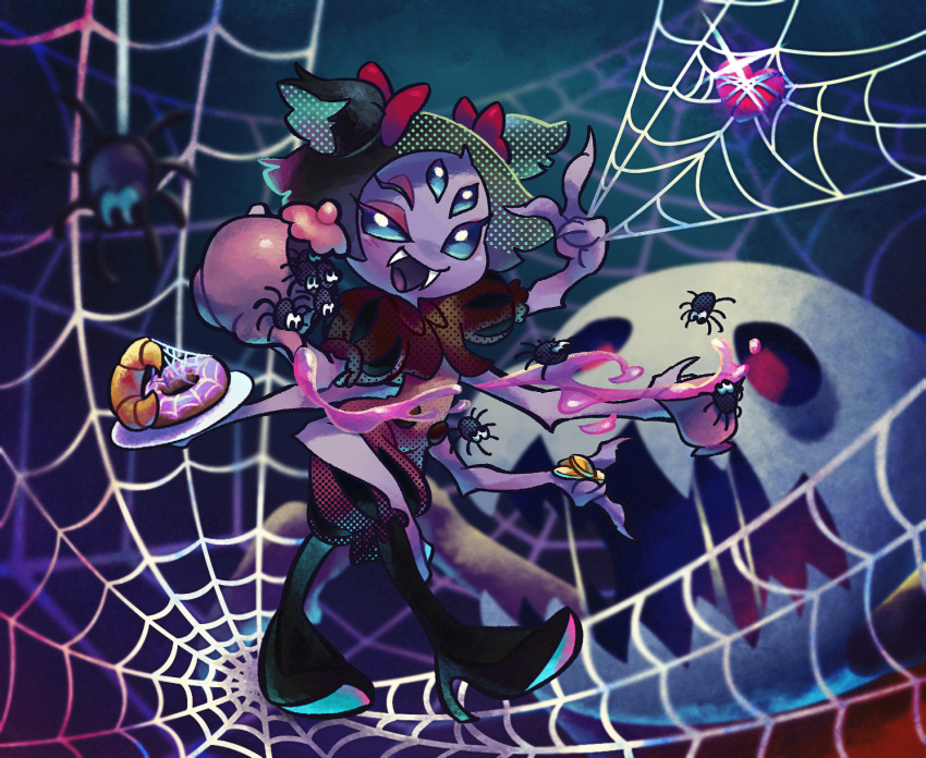 1girl black_footwear black_hair blurry blurry_background blush bow bug coin cup dark_background doughnut extra_arms extra_eyes fangs food hair_bow hand_up heart highres insect_girl liquid monster_girl muffet muffet's_pet multiple_arms open_mouth plate puffy_short_sleeves puffy_sleeves purple_skin red_bow short_hair short_sleeves silk smile spider spider_girl spider_web teacup teapot two_side_up ukata undertale