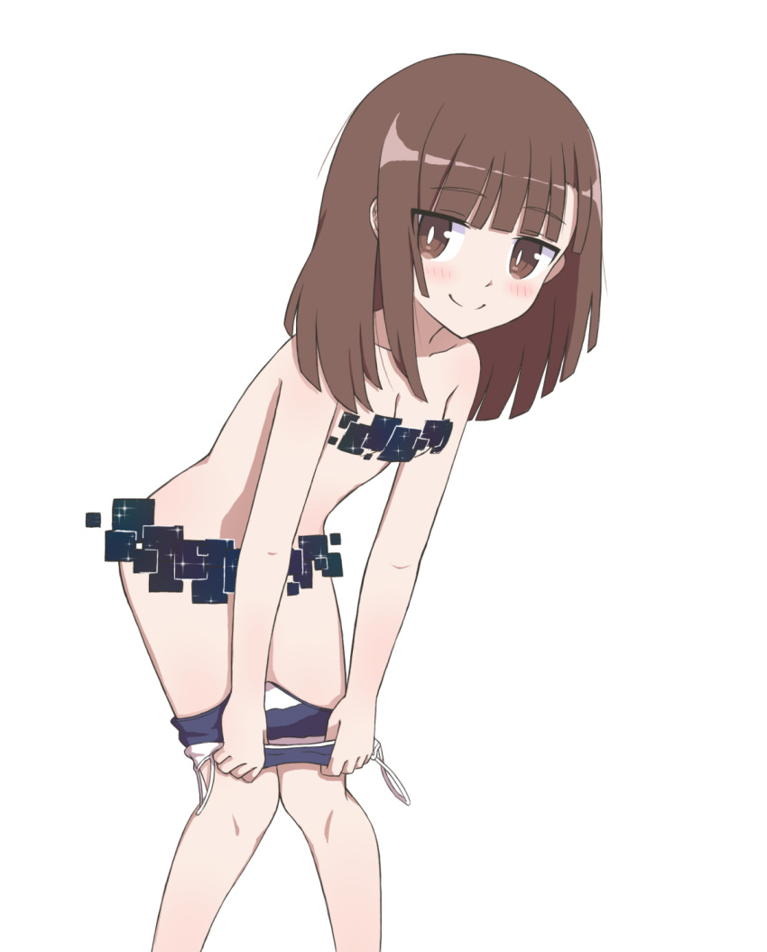 1girl bangs blunt_bangs breasts brown_eyes brown_hair censored closed_mouth competition_school_swimsuit eyebrows_visible_through_hair glitch glitch_censor highres kilt_hide kitanaga leaning_forward long_hair looking_at_viewer nude one-piece_swimsuit school_uniform seductive_smile serafuku short_hair simple_background small_breasts smile solo swimsuit swimsuit_pull ueno-san_wa_bukiyou undressing yume_tiem