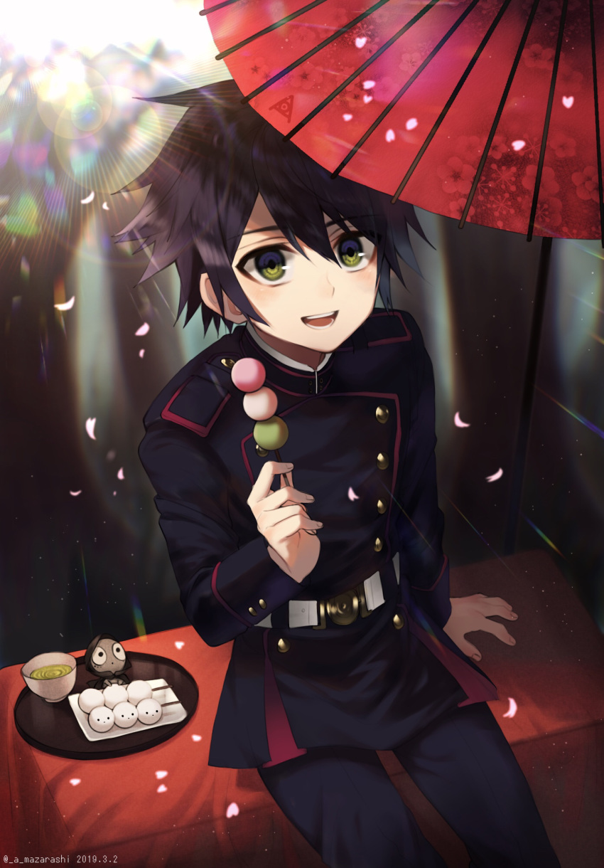 1boy 2019 :d arm_support backlighting black_hair black_jacket black_pants cup dango dated floral_print food green_eyes hair_between_eyes highres holding holding_food hyakuya_yuuichirou jacket kiri_ph lens_flare male_focus military_jacket open_mouth oriental_umbrella owari_no_seraph pants petals print_umbrella red_umbrella short_hair sitting smile solo teacup twitter_username umbrella wagashi