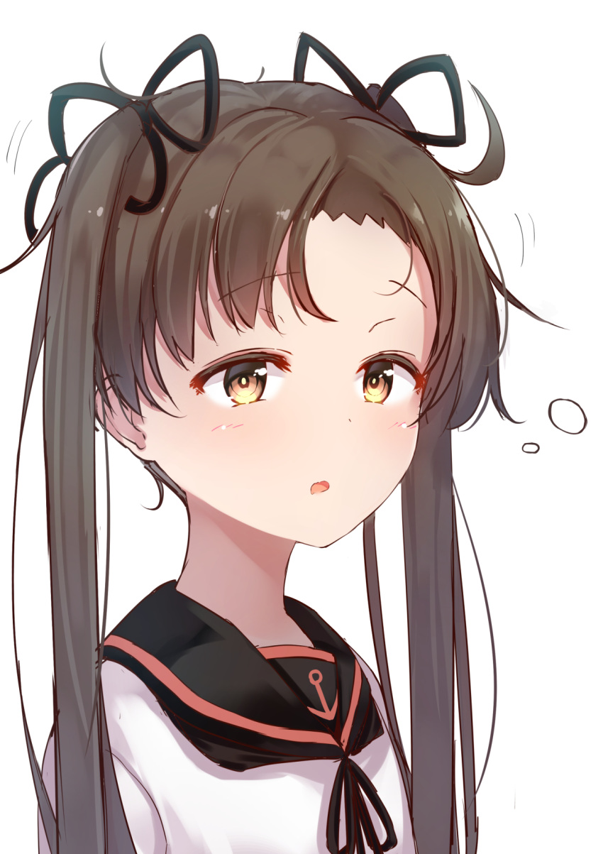 1girl ayanami_(kantai_collection) bangs black_ribbon black_sailor_collar blush brown_eyes brown_hair commentary_request eyebrows_visible_through_hair hair_ribbon highres kantai_collection long_hair minarai_shachou neck_ribbon parted_lips ribbon sailor_collar school_uniform serafuku shirt simple_background sleepy solo twintails upper_body white_background white_shirt