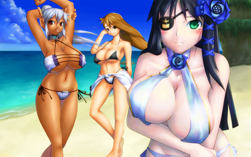 3girls armpits beach bikini black_hair blue_flower blue_rose breasts brown_eyes brown_hair character_request cleavage dark_skin day elf eyepatch flower green_eyes grey_hair hair_flower hair_ornament highres huge_breasts kanatsuki_tatsuya large_breasts long_hair multiple_girls nagisa_(psp2i) phantasy_star phantasy_star_online phantasy_star_portable_2 phantasy_star_portable_2_infinity pointy_ears ponytail red_eyes rose silfa swimsuit